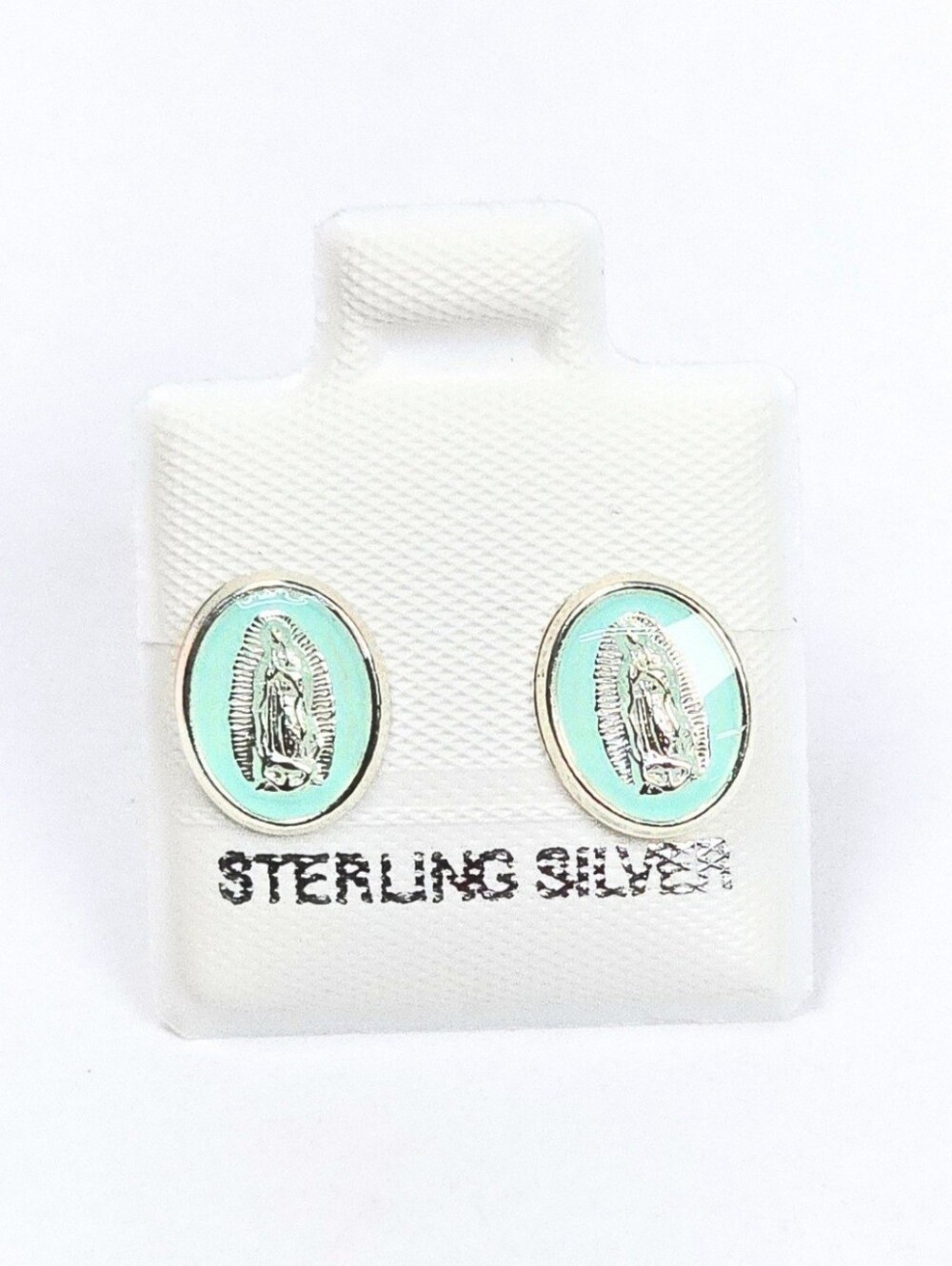 Virgin of Guadalupe Oval Stud Earrings 925 Sterling Silver Enamel Acqua - 10mm